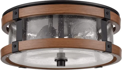 Miniatura 8 de DEYNITE Lámpara de techo de granja con pantalla de vidrio semillado de 2 luces en negro y acabado de grano de madera rústica para pasillo, entrada