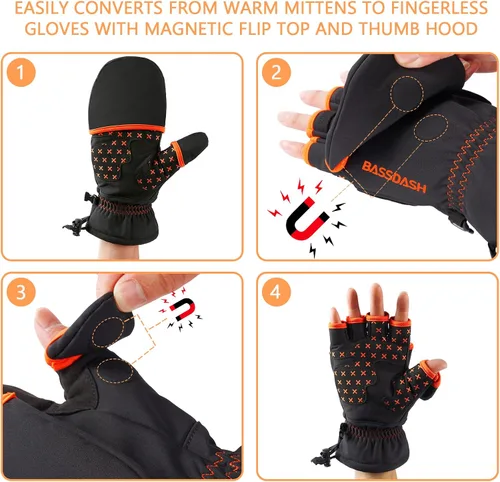 Miniatura 2 de BASSDASH WinteFlex Guantes de pesca en hielo aislantes con protección contra el frío, sin dedos, resistentes al agua para hombres y mujeres