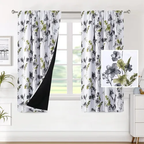 Miniatura 22 de H.VERSAILTEX Cenefas de cortina 100% opacas para ventanas de cocina, juego de 2 paneles de Cattleya con estampado floral Leah con aislamiento