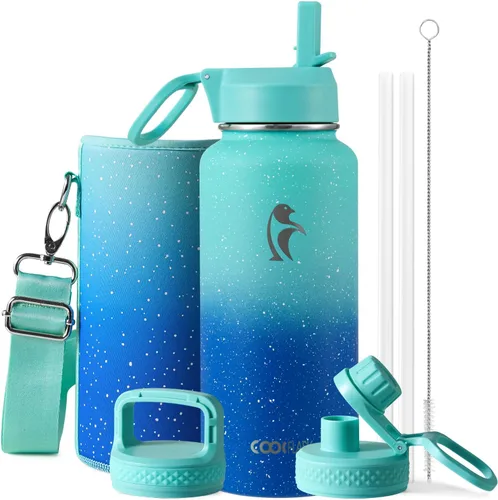 Miniatura 90 de Coolflask Botella de agua de 20 onzas aislada con pajilla, 3 tapas de metal de acero inoxidable, botella de agua de boca ancha para deportes u