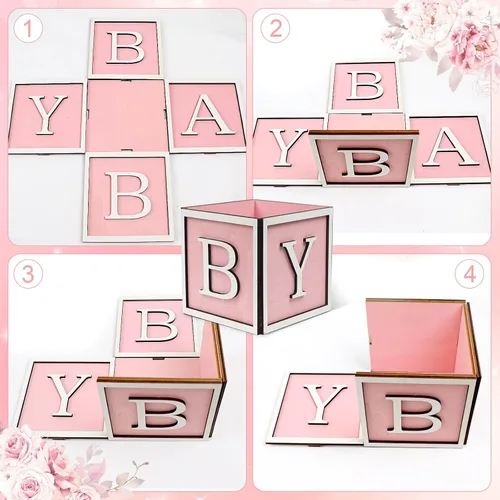 Miniatura 4 de Juego de 4 centros de mesa de baby shower para mesas, cajas de madera de 6 pulgadas con letras de bebé, cubos rústicos, bloques de madera para Rosa