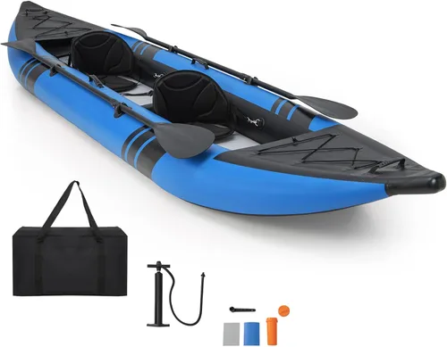 GYMAX Kayak inflable, kayak tándem de 12.5 pies y 507 libras con 2 remos de aluminio, 2 asientos acolchados, reposapiés, 2 aletas, bomba de mano,