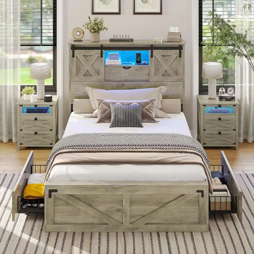 Miniatura 9 de Hasuit Marco de cama de granja tamaño individual con 2 cajones de almacenamiento, plataforma de madera con luces LED y estación de carga, cabecera