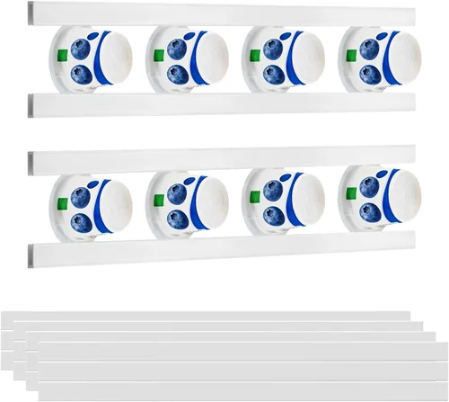 Paquete de 12 organizadores de yogur ajustables para refrigerador con cintas autoadhesivas, soporte de almacenamiento para refrigerador que ahorra