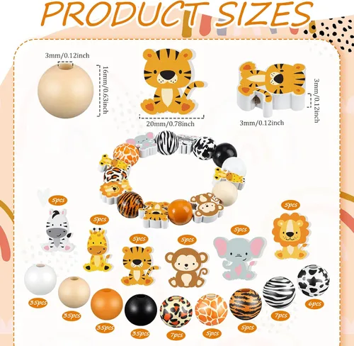 Miniatura 2 de 200 piezas de lindas cuentas de madera con animales de la jungla con estampado de vaca, leopardo, tigre y jirafa, cuentas sueltas con separadores
