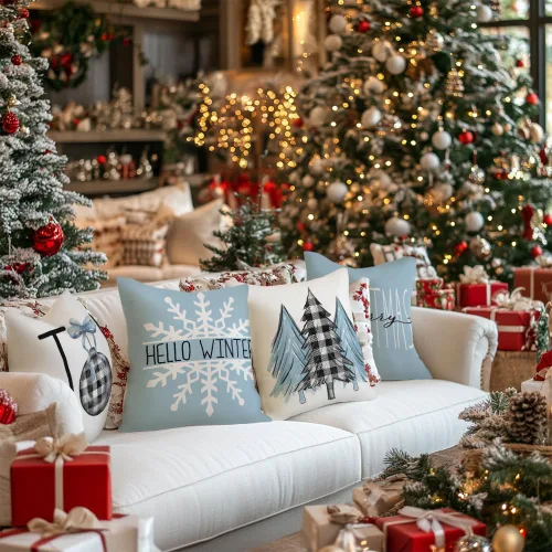 Miniatura 2 de GEEORY Juego de 4 fundas de almohada de Navidad de 18 x 18 pulgadas para decoraciones de Navidad, árbol de Navidad, alegría, nieve, Navidad feliz