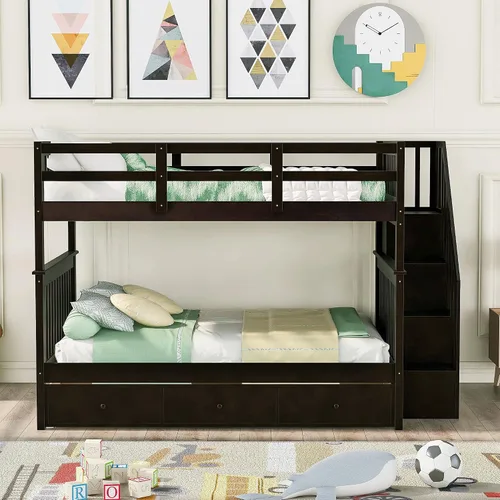 Miniatura 3 de Harper & Bright Designs Litera de tamaño matrimonial sobre matrimonial con 3 cajones, litera de madera maciza con almacenamiento y riel de Espresso