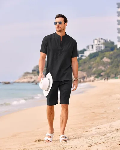 Miniatura 7 de COOFANDY Conjunto de 2 piezas de lino para hombre, camisas Henley casuales de manga corta, pantalones cortos de yoga para la playa, pantalones