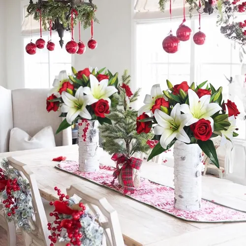 Miniatura 5 de HUAESIN Arreglos florales de seda, flores de lirio, ramo de rosas rojas artificiales de terciopelo para centros de mesa, mesas, decoración