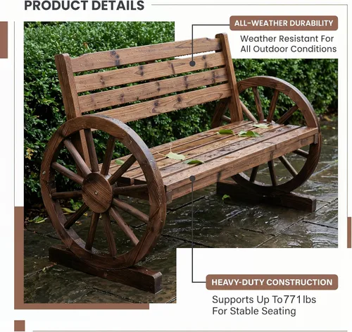 Miniatura 7 de KINTNESS Banco de ruedas de madera rústico para exteriores, muebles de patio para 3 personas con respaldo para patio trasero