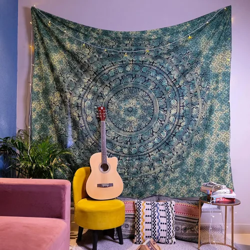 Miniatura 32 de Craft Trade - Tapiz de algodón indio con mandala para pared, decoración estética boho hippie para sala de estar, meditación y dormitorio - Amarillo