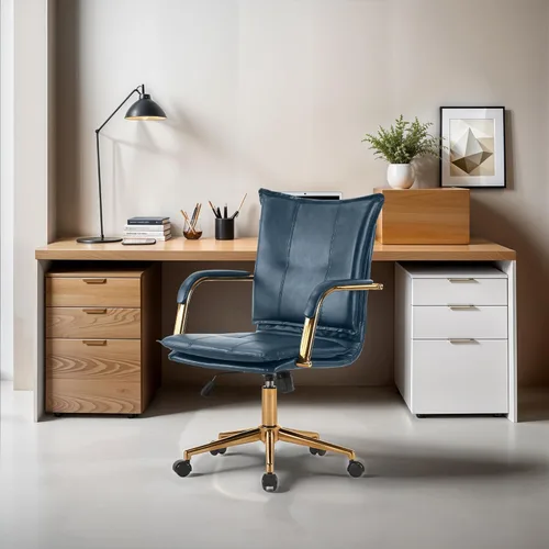 Miniatura 4 de MOJAY Silla de Oficina Ergonómica de Cuero con Respaldo Medio, Silla de Escritorio Ejecutiva Moderna Tapizada con Marco Dorado, Reposabrazos, Silla