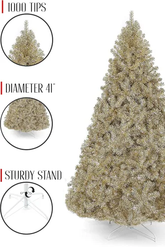Miniatura 3 de Perfect Holiday Árbol de oropel dorado metálico de 6 pies 1000 puntas, diámetro 41 pulgadas Soporte de metal blanco, PVC-6GD