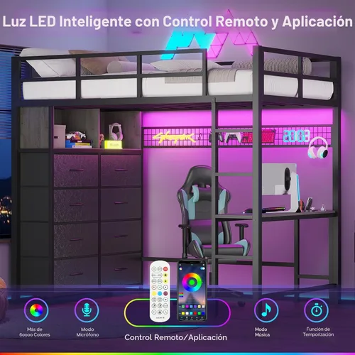 Miniatura 6 de ADORNEVE Cama tipo loft de tamaño individual con escritorio y 8 cajones de almacenamiento, cama alta de metal individual con luces LED y estación