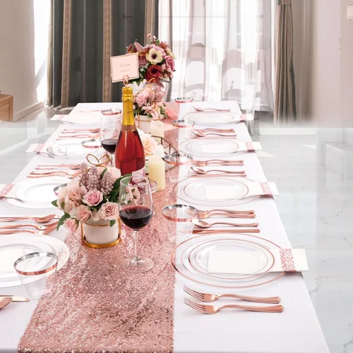 Miniatura 3 de Juego de vajilla de 350 piezas de color oro rosa de DaYammi – Incluye: 50 platos de cena de 26 cm, 50 platos de postre de 19 cm, 50 cubiertos de oro