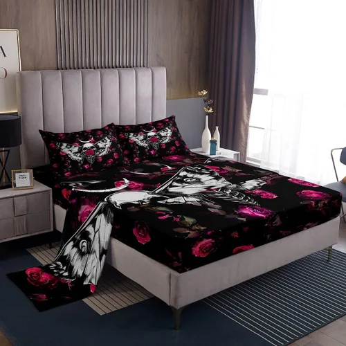 Miniatura 45 de Erosebridal Sábanas de cama de guepardo con rosa roja, juego de sábanas de bolsillo profundo con estampado de leopardo y gato, sábana bajera