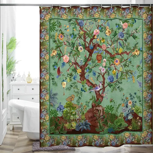 Miniatura 22 de Cortina de ducha bohemia, tela de poliéster repelente al agua con estampado floral bohemio para decoración de baño, 72 x 72 pulgadas