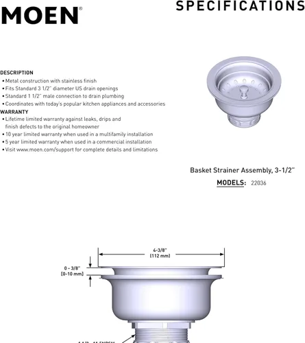 Miniatura 3 de Moen Colador de cesta de acero inoxidable para fregadero de cocina con montaje de drenaje, tapón de drenaje de fregadero de 3-1/2 pulgadas, 22036