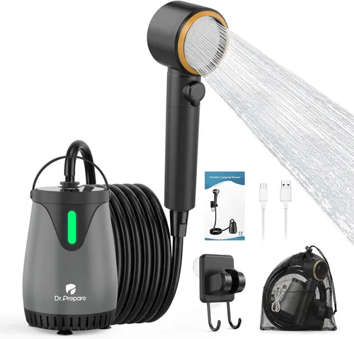 Miniatura 10 de DR.PREPARE Ducha portátil, bombas de ducha dobles para campamento, 2 × 5000 mAh, motor de 11,000 rpm, flujo de 1.32 galones/min, boquilla