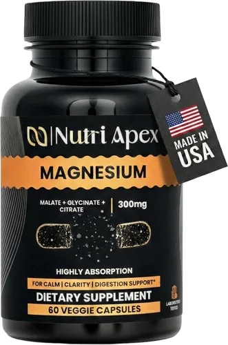Suplemento de magnesio para energía – Complejo triple de magnesio 300 mg con glicinato, malato y citrato – Alta absorción para recuperación