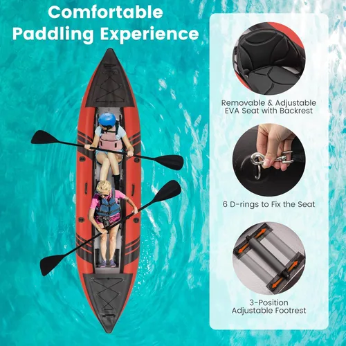 Miniatura 3 de GYMAX Kayak inflable, kayak tándem de 12.5 pies y 507 libras con 2 remos de aluminio, 2 asientos acolchados, reposapiés, 2 aletas, bomba de mano