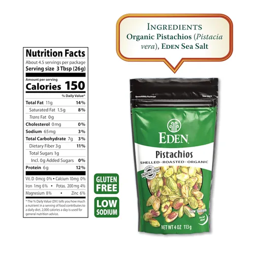 Miniatura 3 de Eden Pistachos orgánicos, sin cáscara, tostados y rociados con sal marina, cultivados en California, 4 onzas