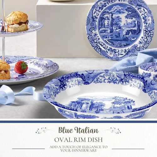 Miniatura 3 de Spode Blue Italian Oval Rim - Bandeja para hornear profunda para servir verduras, cena asada y más 12.5 x 8.75 pulgadas Hecho de porcelana fina