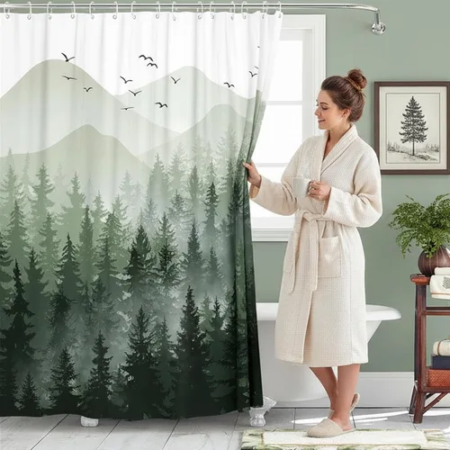 Miniatura 2 de Accnicc Juego de cortinas de ducha con diseño de bosque nebuloso, naturaleza, montaña, pino, cortinas de ducha para baño, ombre verde salvia blanco