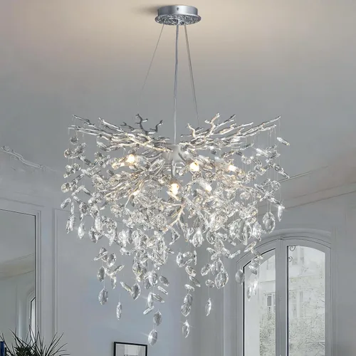 Candelabro plateado de 23.6 pulgadas, lámpara moderna de rama de árbol de cristal de 8 luces, lámpara de araña redonda de lujo K9 con forma de gota