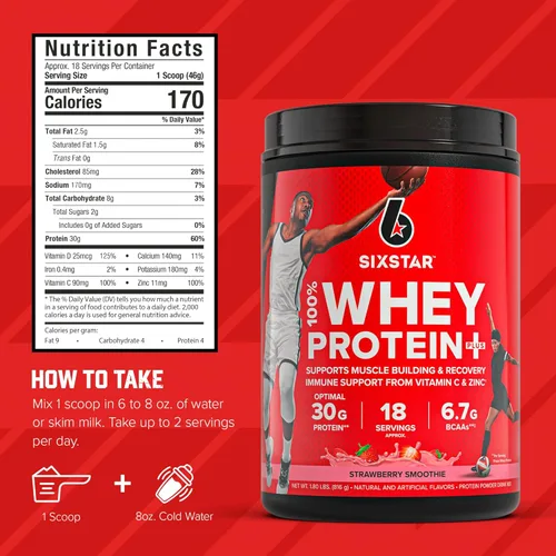 Miniatura 5 de Six Star Whey Protein Powder Plus - Fórmula de construcción muscular y recuperación con polvo aislado de suero de leche, BCAAs, 30g de proteína