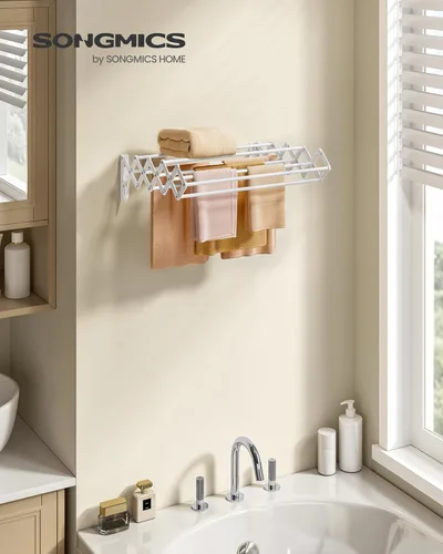Miniatura 5 de SONGMICS Estante de secado de ropa, estante de secado de ropa montado en la pared, pequeño estante de lavandería acordeón, 9 varillas colgantes