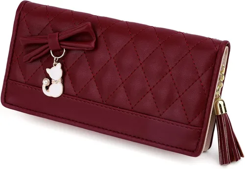 UTO Cartera de piel sintética para mujer, de gran capacidad, colgante de gato, soporte para teléfono, organizador de chequera, con cremallera,