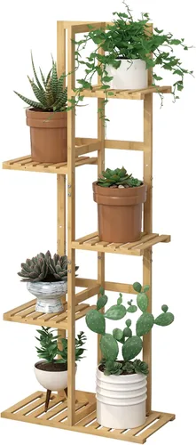 Laiensia Estante de bambú para plantas de 5 niveles y 6 macetas, estante múltiple para macetas, estantes de exhibición de macetas para interiores y