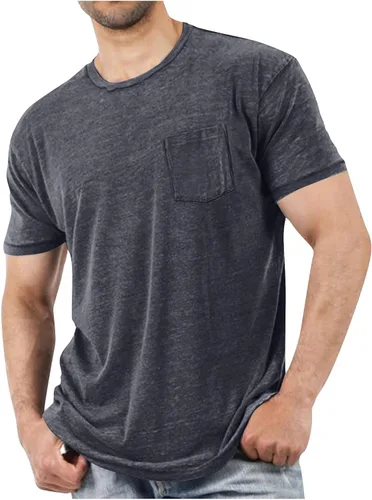 Miniatura 6 de Camisetas de manga corta para hombre con bolsillo en el pecho, color sólido, cuello redondo, suave, cómoda, para verano, camiseta atlética