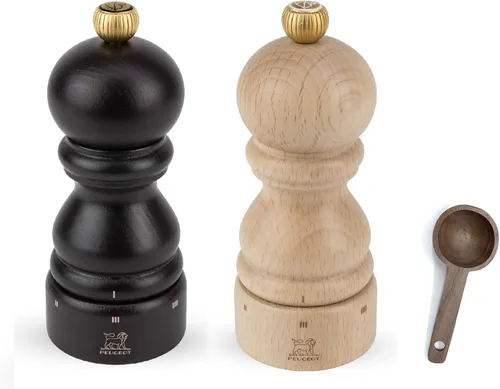 Peugeot Paris u'Select - Molinillo manual de 6 ajustes de madera de haya con cuchara de especias de madera, fabricado en Francia (chocolate y