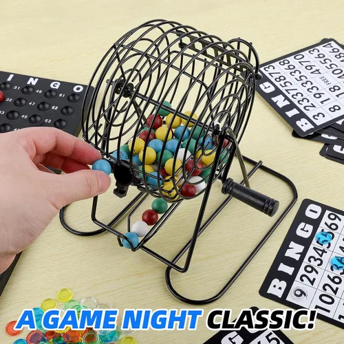 Miniatura 7 de Homwom El juego de bingo de lujo incluye 18 cartas mixtas, 150 fichas vibrantes, 75 bolas de llamada, jaula de bingo de 8 pulgadas, juego de bingo