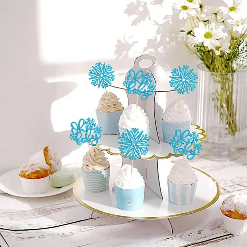 Miniatura 6 de Gyufise 24 adornos de copos de nieve Oh Baby para cupcakes con purpurina azul, decoración de pastel de baby shower congelado para baby shower