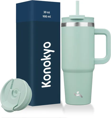 Miniatura 24 de Konokyo - Vaso de 40 onzas con asa y 2 pajillas, botella de agua aislada 2 en 1 con tapa. Taza de viaje de acero inoxidable para café, flores