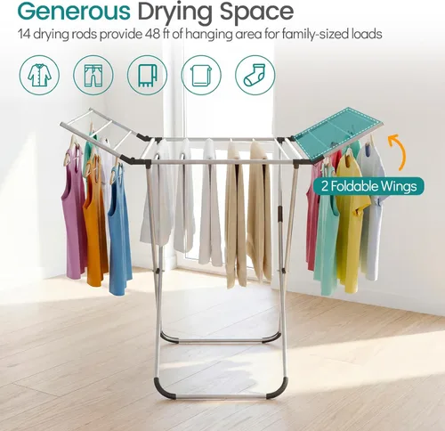 Miniatura 3 de GOFLAME Clothes Drying Rack, Laundry Drying Rack with 2 Foldable Wings, 14 Drying Rods, Free-Standing Collapsible Laundry Airer for Clothes, Towels