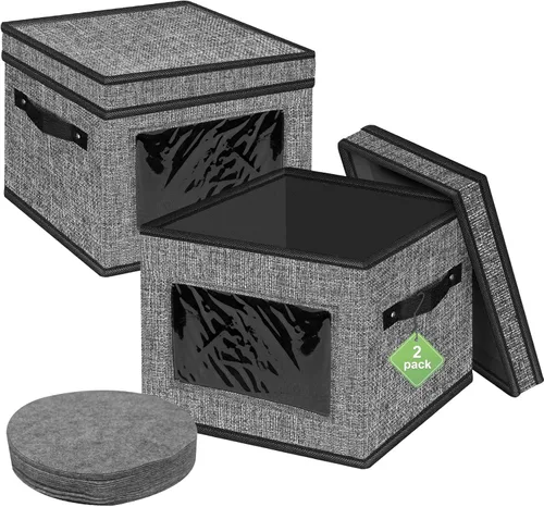 Miniatura 9 de homyfort Contenedores de almacenamiento de China con tapa y asas, caja de almacenamiento de vajilla para platos con 12 separadores de fieltro