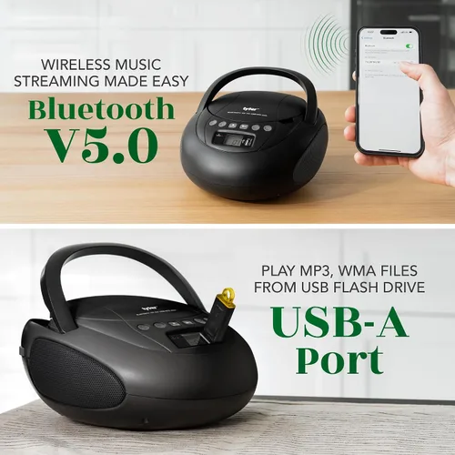 Miniatura 5 de Tyler Reproductor de CD portátil Boombox con radio FM, Bluetooth y puerto USB Sonido estéreo claro Compatible con CD-R/RW y MP3 CDs Entrada