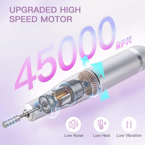 Miniatura 5 de Madenia Taladro de uñas profesional recargable, lima de uñas eléctrica portátil de 45000 RPM, lima E para uñas de gel acrílicas, adecuada para uso