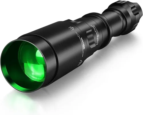 Linterna verde LED 1605N para caza nocturna, lente Fresnel con zoom y luz verde depredador con interruptor de atenuación rápido y soporte, linterna
