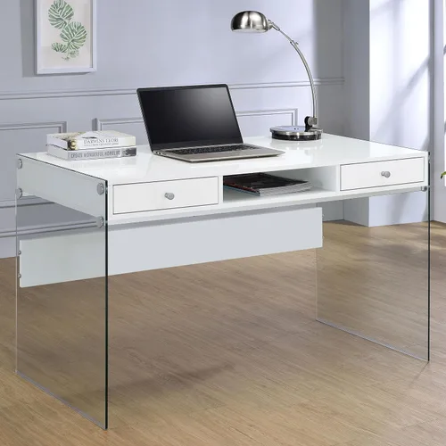 Miniatura 2 de Allora Escritorio contemporáneo de madera/vidrio, acabado blanco brillante, 48 pulgadas de ancho x 23.5 pulgadas de profundidad x 29.5 pulgadas