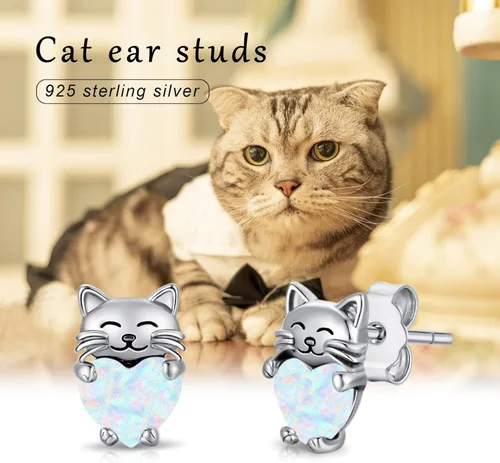 Miniatura 7 de Aretes de plata de ley 925 con diseño de gato, bonitos aretes de gato con diseño de gatito, joyería de regalo para mujeres y niñas, aretes
