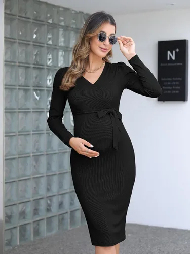 Miniatura 5 de BZB Vestido de maternidad de manga larga con cuello en V, manga abombada, acanalado, entallado, vestido de embarazo por debajo de la rodilla