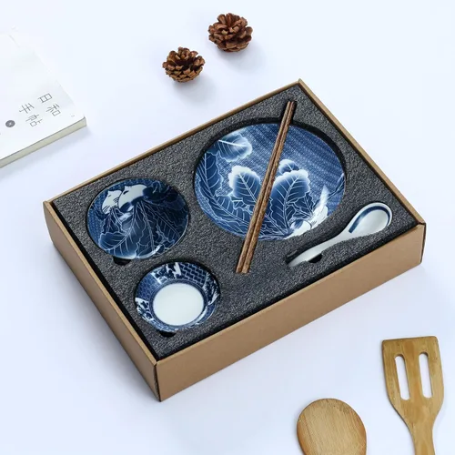 Miniatura 8 de Juego de vajilla de porcelana azul y blanca Gegong, platos, tazón, cuchara, palillos, servicio para 1, juego de cerámica con glaseado colorido