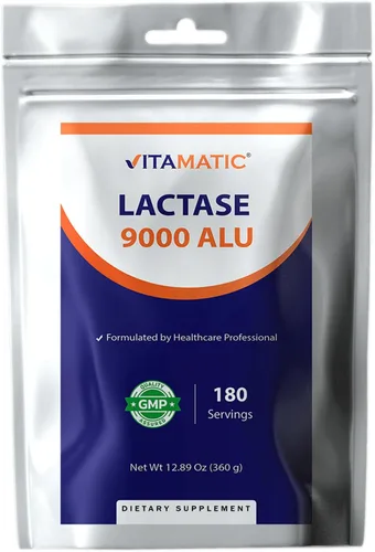 Vitamatic Polvo de enzima lactasa – 9000 ALU por porción – 180 porciones – Apoya la digestión de lactosa, sin OMG, sin gluten