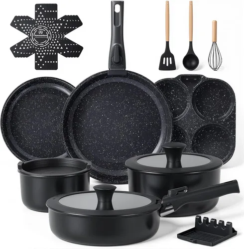 Miniatura 10 de Ammeloo Juego de utensilios de cocina de cerámica acanalada de 15 piezas, juego de ollas y sartenes antiadherentes, listo para inducción, juego
