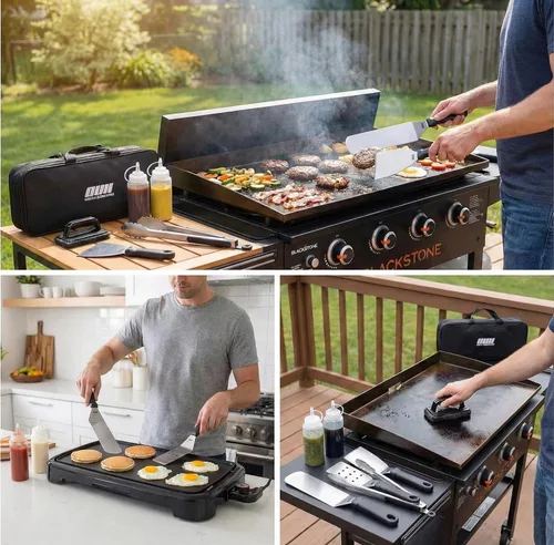 Miniatura 2 de Accesorios de plancha plana para parrilla Blackstone y Camp Chef - Juego de 9 piezas con kit de limpieza de plancha y bolsa de transporte. Espátula